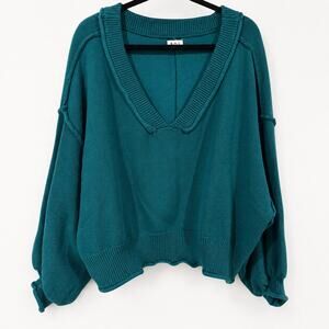 POL Women’s Medium Teal Cotton V-Neck Sweater Balloon Sleeve Oversized Crop Boho